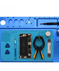 Naturally Rock Solid Microscope Stand With Tight Grip Stainless Steel Bracket And Beefy Aluminum Alloy Phone Repair Workpad Black Pro Level Tech Rig Platform with tools on a blue repair mat.