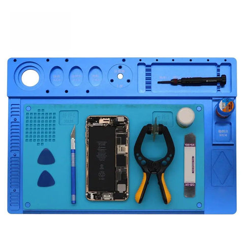 Naturally Rock Solid Microscope Stand With Tight Grip Stainless Steel Bracket And Beefy Aluminum Alloy Phone Repair Workpad Black Pro Level Tech Rig Platform with tools on a blue repair mat.