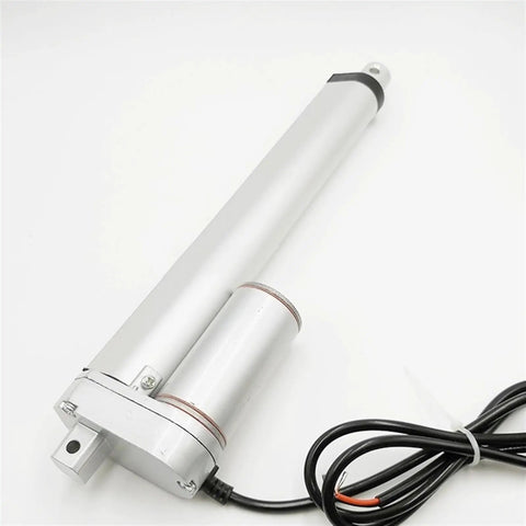 12V Electric Linear Actuator with 1500N push power, aluminum body, designed for heavy duty lift projects, showcasing motor and connections.