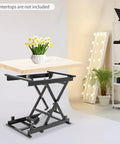 Heavy Duty 350lb Electric Scissor Lift Table With Adjustable Hydraulic Platform, showcasing height adjustment mechanism and flower vase.
