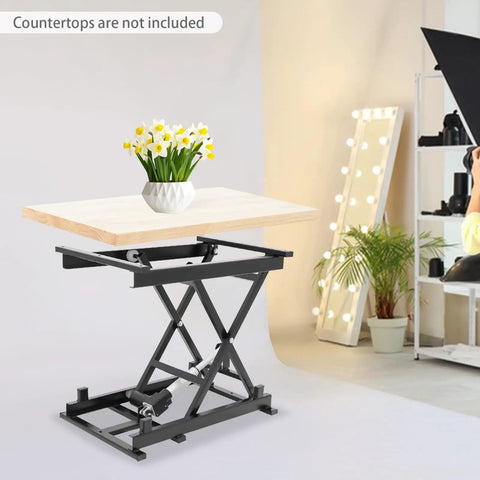 Heavy Duty 350lb Electric Scissor Lift Table With Adjustable Hydraulic Platform, showcasing height adjustment mechanism and flower vase.