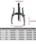 Hardcore Heavy Duty Gear Extractor Tool With Three Jaw Bearing Puller showing dimensions and specifications for effective pulley removal.