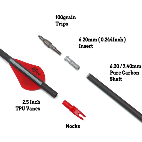 12 Pack 29 Inch Carbon Arrows For Archery Hunting With 400 Spine Two And A Half Inch Vanes Removable 100 Grain Field Tips