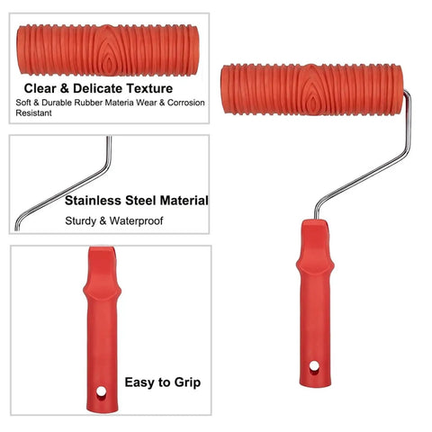 Four Piece Rubber Wood Grain Paint Roller Set For Killer Faux Finish Textures Slick Wall Coverings Furniture Restyling And Dope Room Makeovers With Assorted Comfort Grip Designs showing textured rubber head and stainless steel handle.