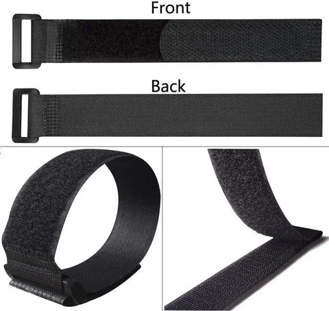 25 Pack Black Reusable Cable Straps With Heavy Duty Hook And Loop Closure, Slick Wire Ties For Cord Management Keeping Every Desk Setup Lockdown Tight And Clearing All The Snarls Quick 1Inch Wide front and back view of nylon strap.