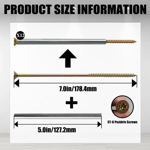 Product size information of 12 Pack 7 Inch Gutter Screws With Metal Sleeves Rust Resistant Coating Heavy Duty Roof Gutter Fasteners.