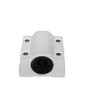 Aluminum linear bearing slide block with four mounting holes and circular bearing bore (front view)