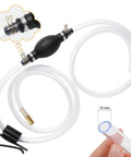 Gas siphon fuel pump with two clear PVC hoses and black hand lever for transferring gasoline.