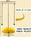 3 In 1 Kids Swing Set With Monkey Bars And Rainbow Rope, Adjustable Swing, Carabiner, Extra Hanging Straps, Heavy Duty Outdoor Zipline Playset For Backyard Fun And Playtime showing yellow plastic swing seat, rainbow ropes, and measurements.
