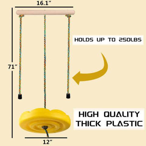 3 In 1 Kids Swing Set With Monkey Bars And Rainbow Rope, Adjustable Swing, Carabiner, Extra Hanging Straps, Heavy Duty Outdoor Zipline Playset For Backyard Fun And Playtime showing yellow plastic swing seat, rainbow ropes, and measurements.