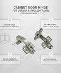 Corner Cabinet Door Hinge for Angled Frames, Cold Rolled Steel, smooth pivoting and gap-free closure, rugged one piece install