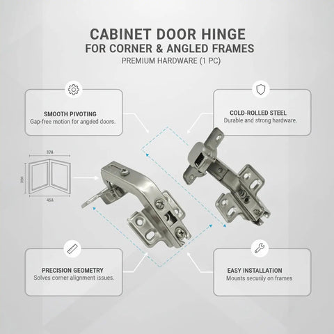 Corner Cabinet Door Hinge for Angled Frames, Cold Rolled Steel, smooth pivoting and gap-free closure, rugged one piece install