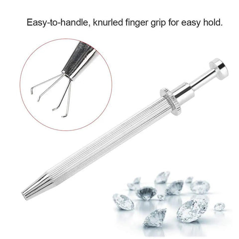 Pro Grade Four Prong Bead Picker Tool Stainless Steel Prong Holder Claw Tweezers Grabber next to scattered beads