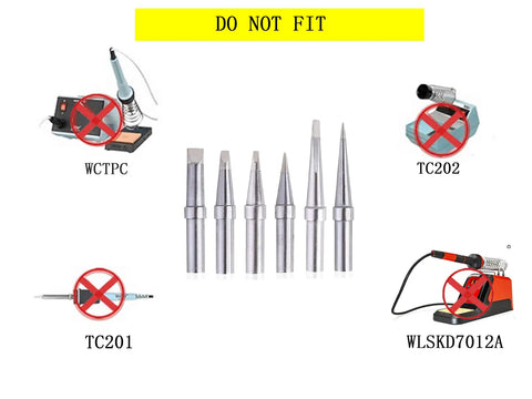 Image showing six solder tips not compatible with WCTPC, TC202, TC201, WLSKD7012A stations. Focus: Solder Tips Set For ET Soldering Irons.