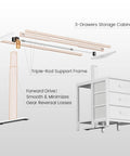 This 55 inch white electric standing desk features smooth height adjustment and handy drawers for sleek office storage, showing components.
