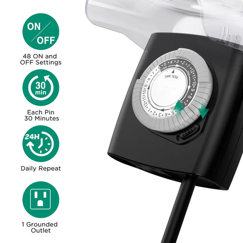 Close-up of Rock Solid Outdoor Timer Outlet Built Tough For Pool Pumps And Engine Blocks showing 48 ON/OFF settings and 1 grounded outlet.