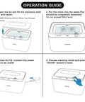 Operation guide for Hassle Free 45KHz Ultrasonic Jewelry Cleaner showing how to fill and operate the stainless steel tank.