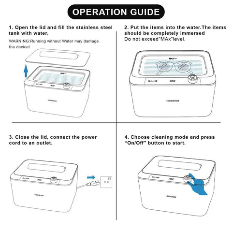 Operation guide for Hassle Free 45KHz Ultrasonic Jewelry Cleaner showing how to fill and operate the stainless steel tank.