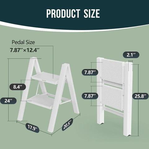 Sturdy 2 Step Ladder With 17 Inch Top Step, 300 Lb Capacity, White Finish, Wider 7.9 Inch Treads For Comfort And Stability, Great For Home, Garage, And DIY Tasks, folded size shown
