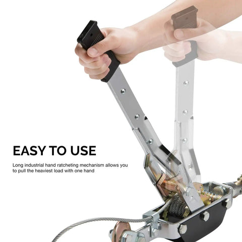 Hands operating Beefy Five Ton Come Along Winch With Ten Foot Cable Dual Gear Hand Winch Heavy Duty Puller for easy use.