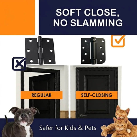 Self Closing Spring Loaded Hinges With Adjustable Tension For 4 Inch Doors Ideal For Garage Front And Back Doors Hands Free Closer Hinge Left Or Right Hand Black 3 Pack comparison with regular hinge and self-closing hinge on black door.