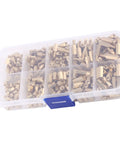 Three Millimeter Brass Standoff Kit For PCBs And DIY Electronics with hex ends in a compartmentalized storage box