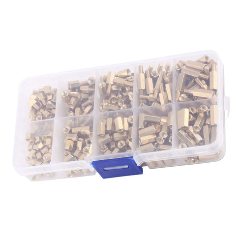 Three Millimeter Brass Standoff Kit For PCBs And DIY Electronics with hex ends in a compartmentalized storage box