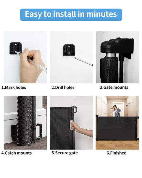 Step-by-step installation of the Retractable Baby Gate for Stairs and Doorways, 33 Inch High Expands to 55 Inch Wide, Black Mesh