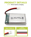 Six Pack 3.7V 800mAh 25C LiPo Batteries With Molex Plug And All In One 6in1 Charger For WLtoys SYMA Drones Quadcopters Gliders And Robots Beefed Up Power Pack close-up showing battery details, Molex connector, and silicone cable.