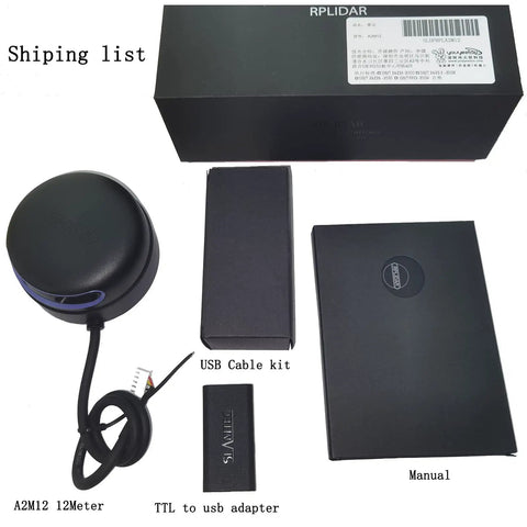 RPLIDAR A2M12 360 Degree Lidar Scanner for Robotic Mapping and Navigation with accessories including USB cable kit and manual