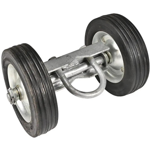 Heavy Duty Galvanized Steel Rolling Gate Hardware Kit With Slick 6 Inch Double Track Wheels, showing dual rubber wheels.