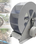 Low Speed Water Turbine Generator For Outdoor Renewable Energy Durable Steel Waterwheel Hydroelectric Power Plant Built For Off Grid Living And Green Power For Your Home, featuring a white steel waterwheel with belt drive