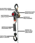 1 Ton Lever Hoist With 10 Ft Lift, Overload Protection, Compact Design For Confined Spaces, Slip Clutch Safety Feature, Weston Style Double Pawl Brake For Enhanced Load Security shown with alloy steel hooks and ergonomic grip.