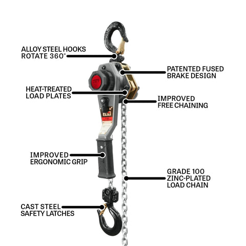 1 Ton Lever Hoist With 10 Ft Lift, Overload Protection, Compact Design For Confined Spaces, Slip Clutch Safety Feature, Weston Style Double Pawl Brake For Enhanced Load Security shown with alloy steel hooks and ergonomic grip.