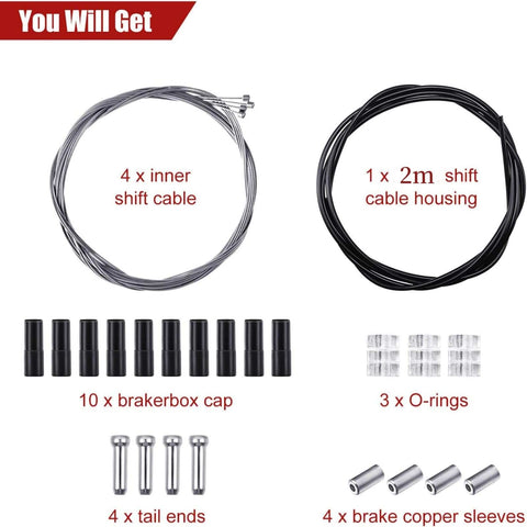 4 Pack Bike Gear Cables Kit For Mountain And Road Bikes Universal Shift Cables With PVC Coated Stainless Steel Wire components overview