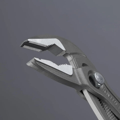 Close-up of Cobra ES Extra-Slim 10 Inch Pump Pliers with narrow jaws and serrated grip for screws, bolts, and wire rope groove.