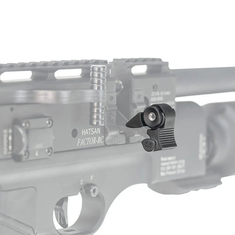 Close-up of Factor RC PCP Air Rifle 22 Caliber With Side Lever Repeater detail showing silencer and adjustable trigger.