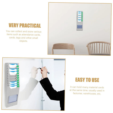 Hella Easy Wall Mounted Material Card Rack For Warehouse Inventory Display And Employee Attendance Tracking With Super Dope Multi Grid Card Slot Shelf For Slick Storage Setup mounted on a wall with cards.