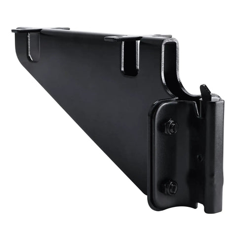 Side view of a black heavy duty bracket from 4 Pack E Track Fixed Shelf Brackets For Trailer Truck Warehouse And Garage Heavy Duty Rust Resistant Black Finish Fits E Track Or X Track Rails Adjustable Width To Match Your Rail System Durable 9.4 By 4.2 By 2.5 Inch Size set.
