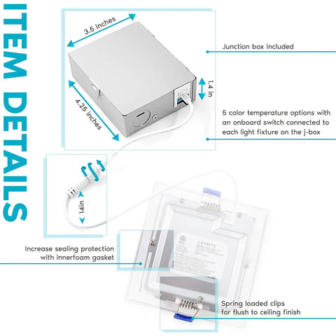 Image of the 4 Inch Ultra Thin Square LED Recessed Lights Pack Of 4, 12W Dimmable Downlights with junction box and sealing gasket.