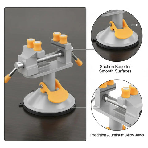 Ultimate Mini Bench Vise With Suction Base, Top Notch Aluminum Alloy Clamp perfect for jewelry and electronics repair close-up.