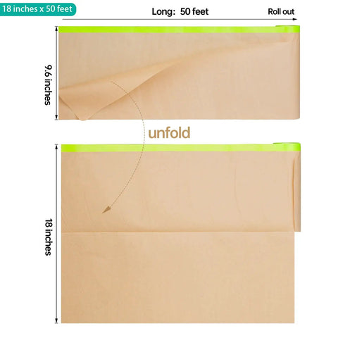Pre Taped Masking Paper For Painting With Tape In One Roll 18 Inch By 50 Feet Quick Setup Drape Paper unfolded view.