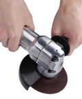Tough As Nails Pneumatic Angle Grinder for Lightning Fast Paint Stripping with 100mm wheel held by hands.