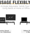 Dual Monitor Stand Riser For Desk Setup With 3 Shelf Adjustable Length And Tilt Extra Long Multifunctional Wood Stand Fits Computer Laptop TV Up To 43 Inches Black, showing compatibility with 3 monitors.