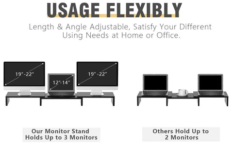 Dual Monitor Stand Riser For Desk Setup With 3 Shelf Adjustable Length And Tilt Extra Long Multifunctional Wood Stand Fits Computer Laptop TV Up To 43 Inches Black, showing compatibility with 3 monitors.
