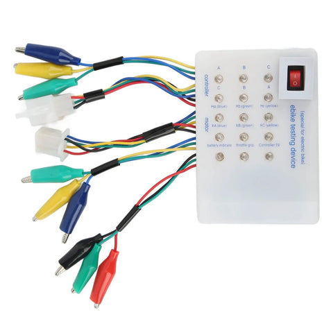 No Sweat Brushless Motor Controller Tester And Rugged Electric Vehicle Diagnostic Kit For Electric Bikes, featuring color-coded wires and testing buttons.
