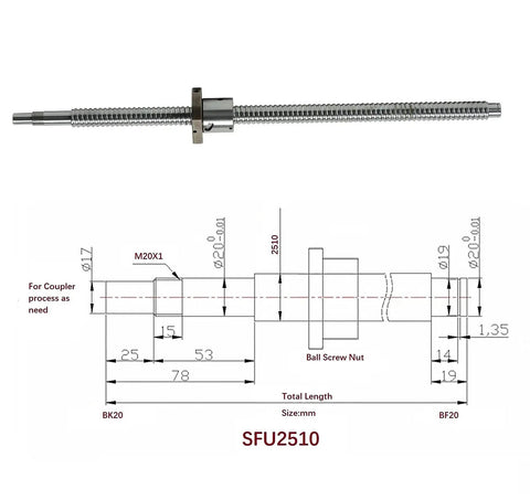 Dead Serious Precision 25Mm SFU2510 Anti Backlash Ball Screw Kit 860Mm Long with detailed measurements and design.