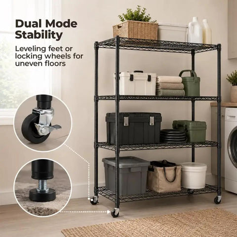 Heavy Duty Four Tier Industrial Metal Storage Rack That Rolls Smooth With Lockable Casters And No Tool Quick Assembly For Garage Or Workshop Built Tough Max Load Capacity with dual mode wheels and baskets.
