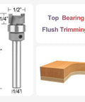 Heavy Hitter Carbide Flush Trim Router Bit With Top Bearing For Crisp Woodworking Cuts Quarter Inch Shank with dimensions showing half inch diameter.