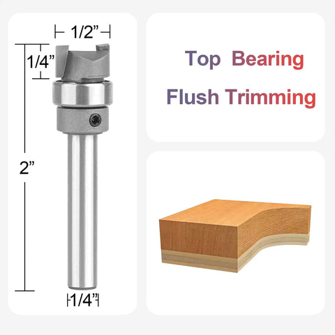 Heavy Hitter Carbide Flush Trim Router Bit With Top Bearing For Crisp Woodworking Cuts Quarter Inch Shank with dimensions showing half inch diameter.